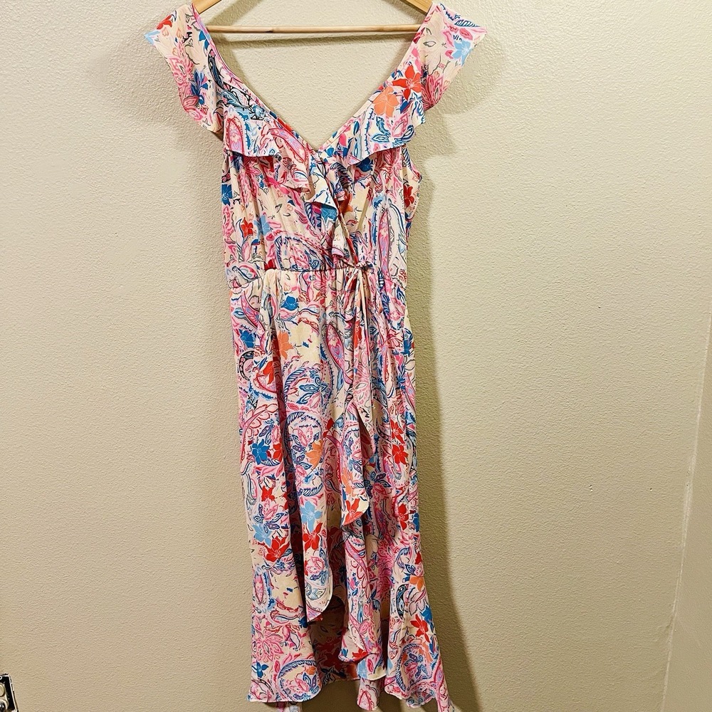 Socialite Floral Semi Wrap Dress‎ High Low Ruffle Pink Blue Vacation Size M